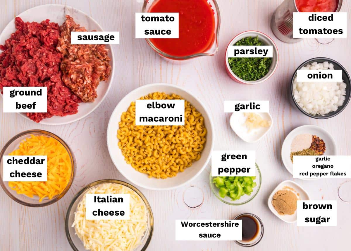 ingredients for johnny marzetti on a table