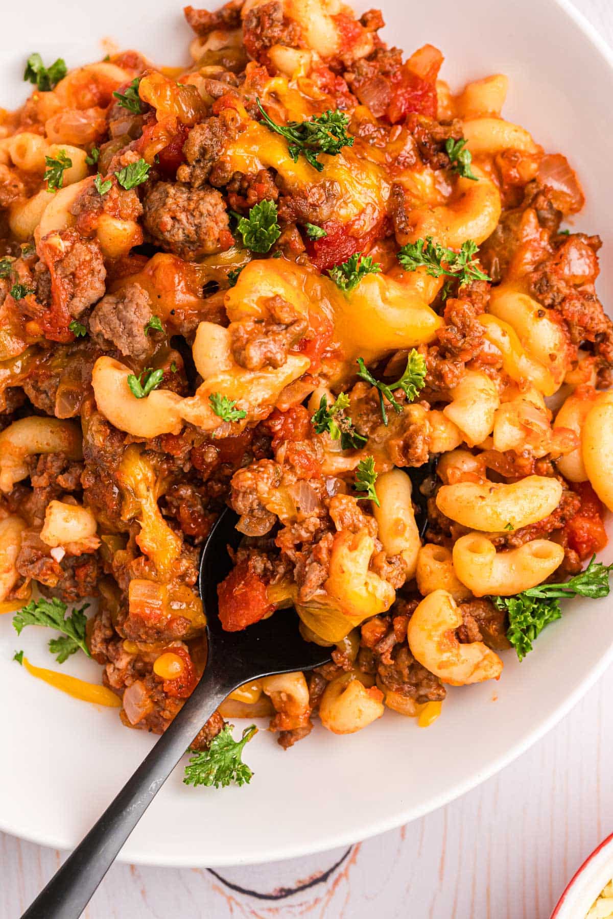 a plate of johnny marzetti beef and macaroni