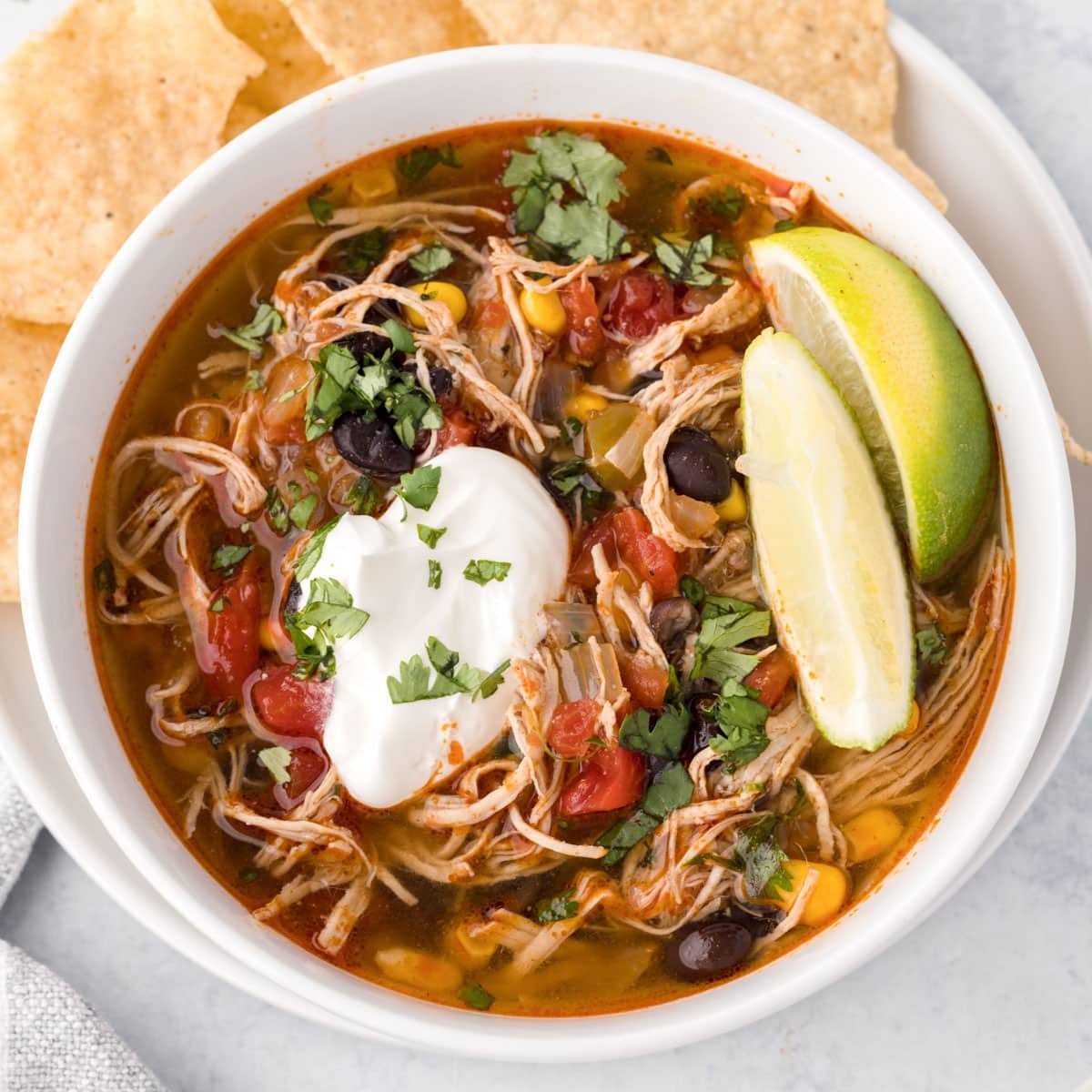 overhead view of a bowl of mexican chicken soup