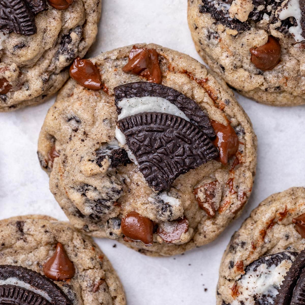 chocolate chip oreo cookies on parchment paper