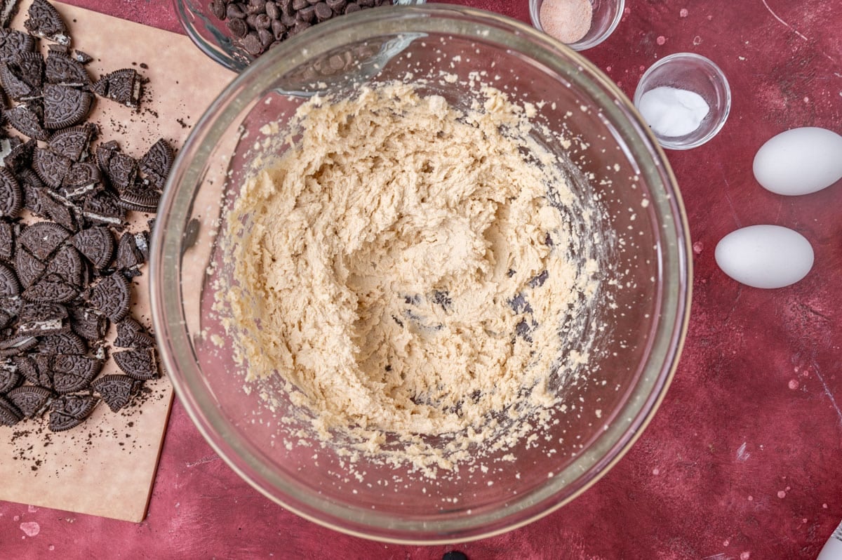 creamed butter and sugar in a glass mixing bowl