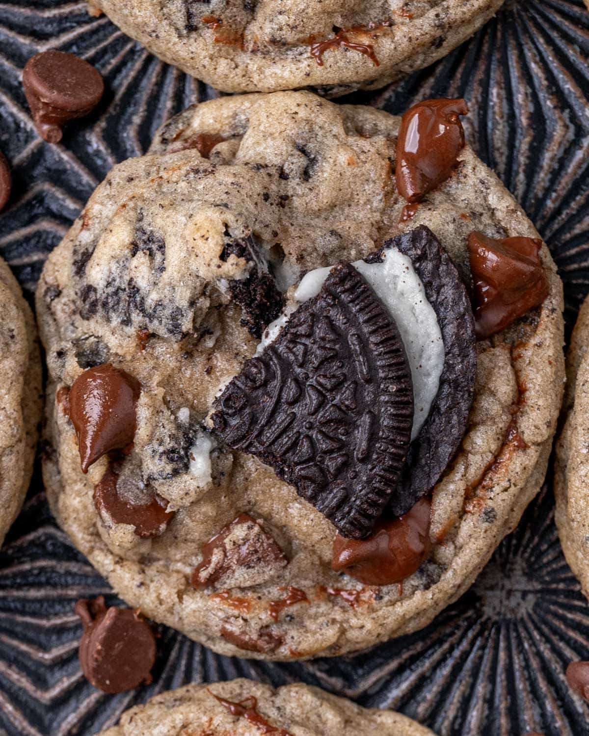closeup of an oreo chocolate chip cookie