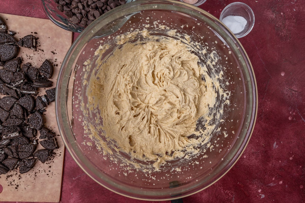 wet ingredients for cookies mixed in a glass bowl