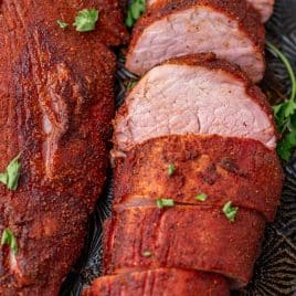 closeup of sliced smoked pork tenderloin