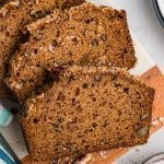 two slices of sweet potato bread on a cutting board