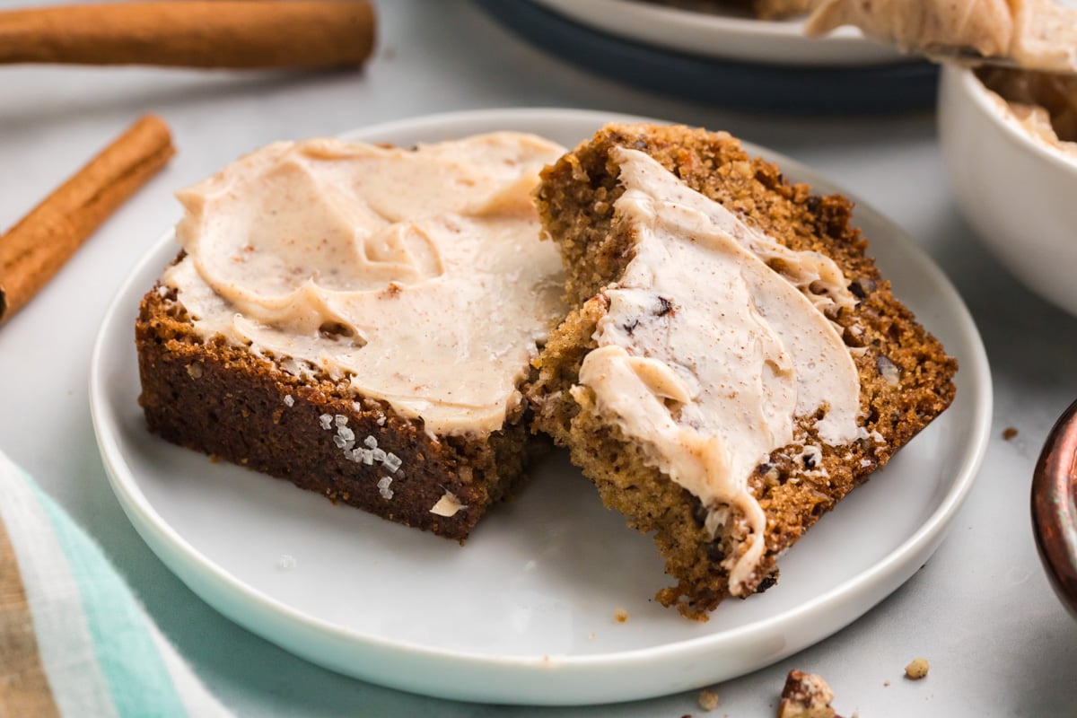 a piece of sweet potato bread with cinnamon butter on a table