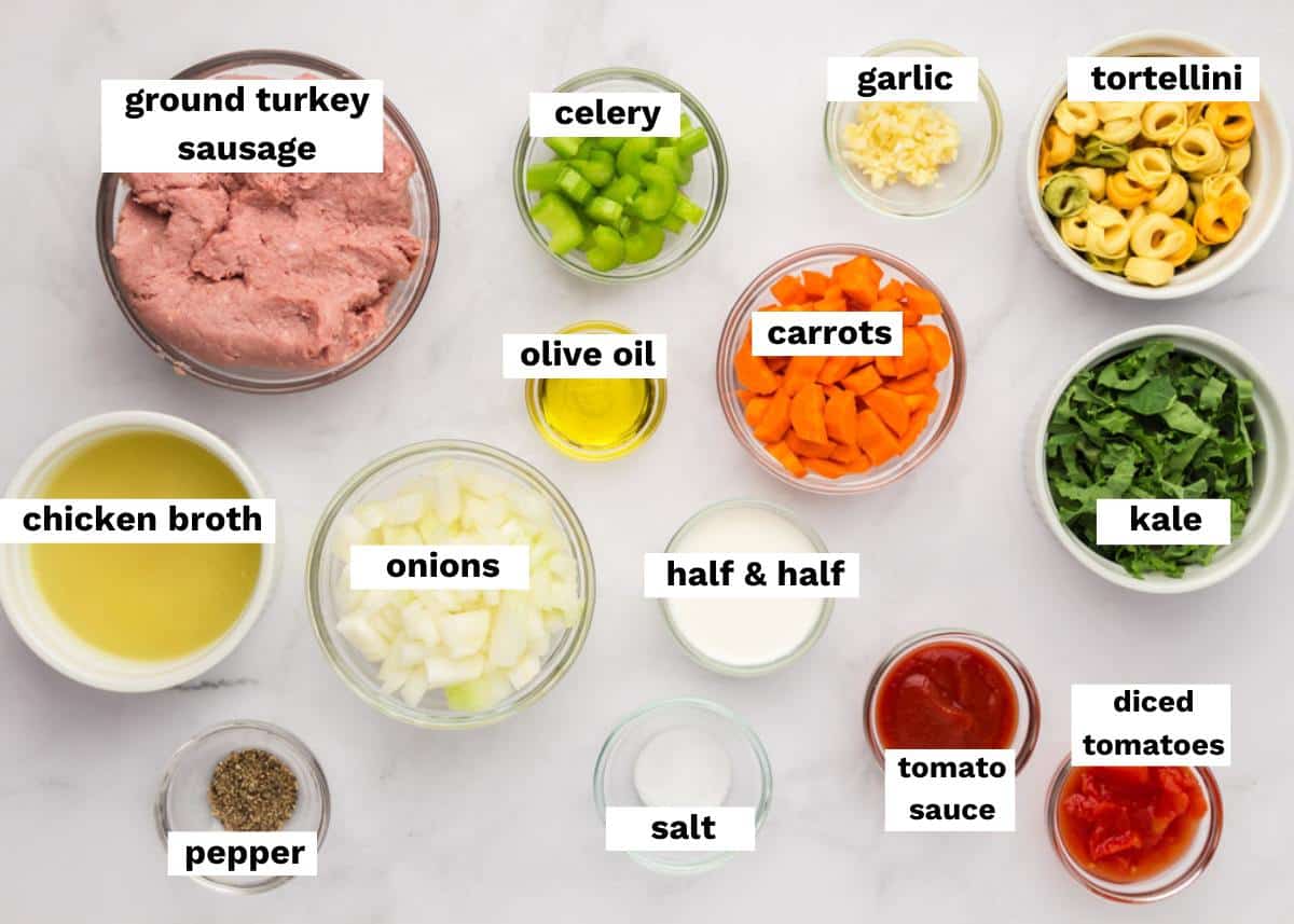 ingredients for sausage tortellini soup on a table