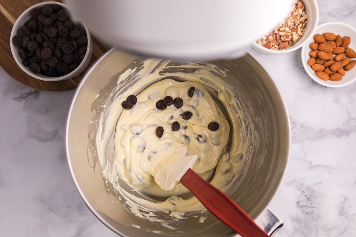 cheesecake batter with chocolate chips in a mixing bowl