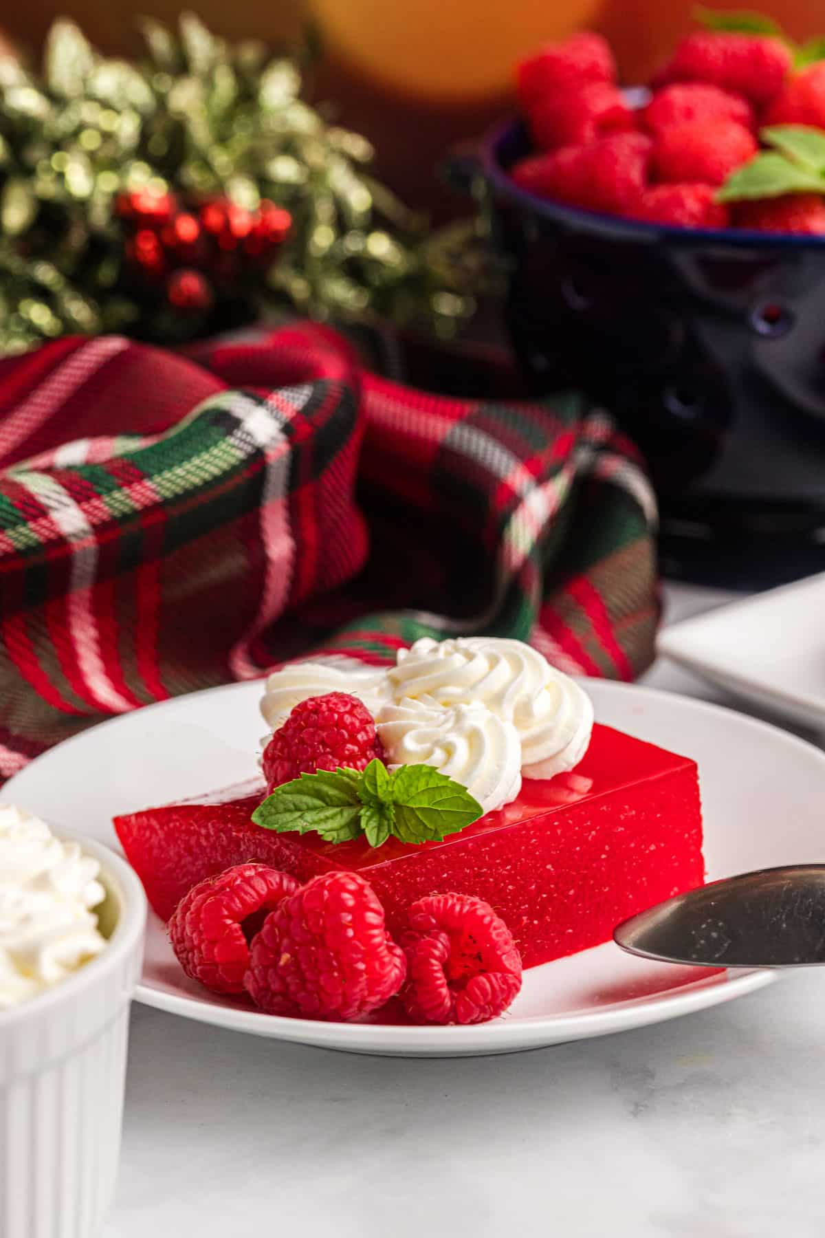 a piece of applesauce jello on a plate in a christmas setting