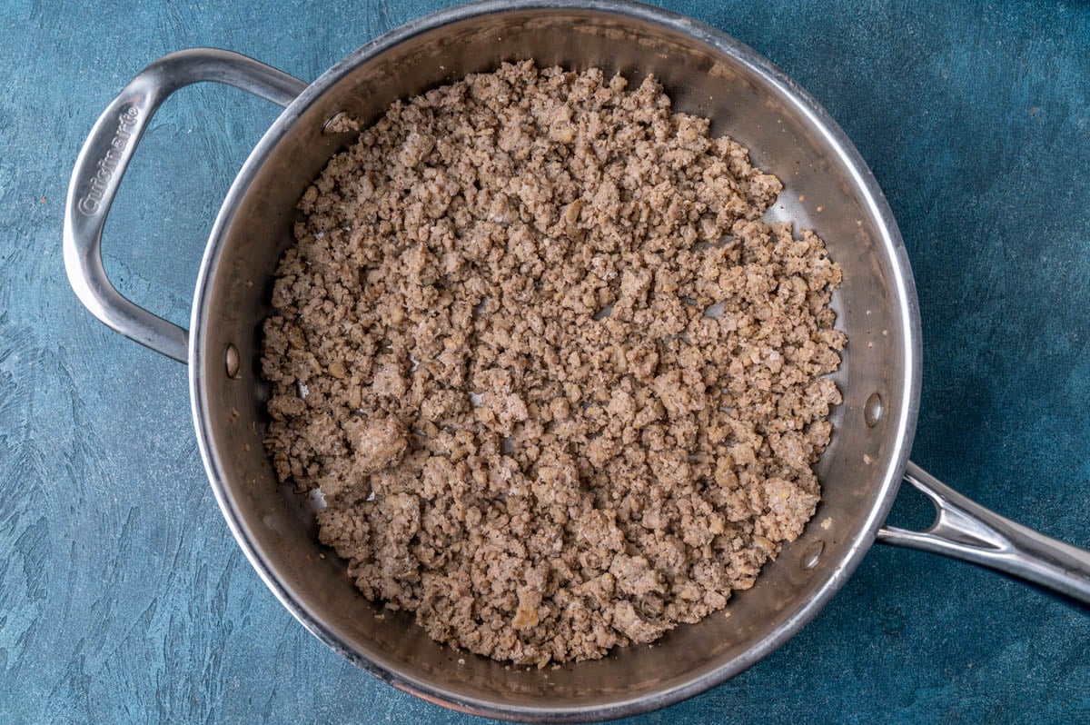 turkey sausage browned in a skillet