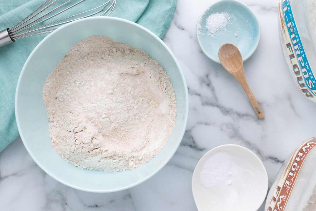 dry ingredients for banana bread in a bowl