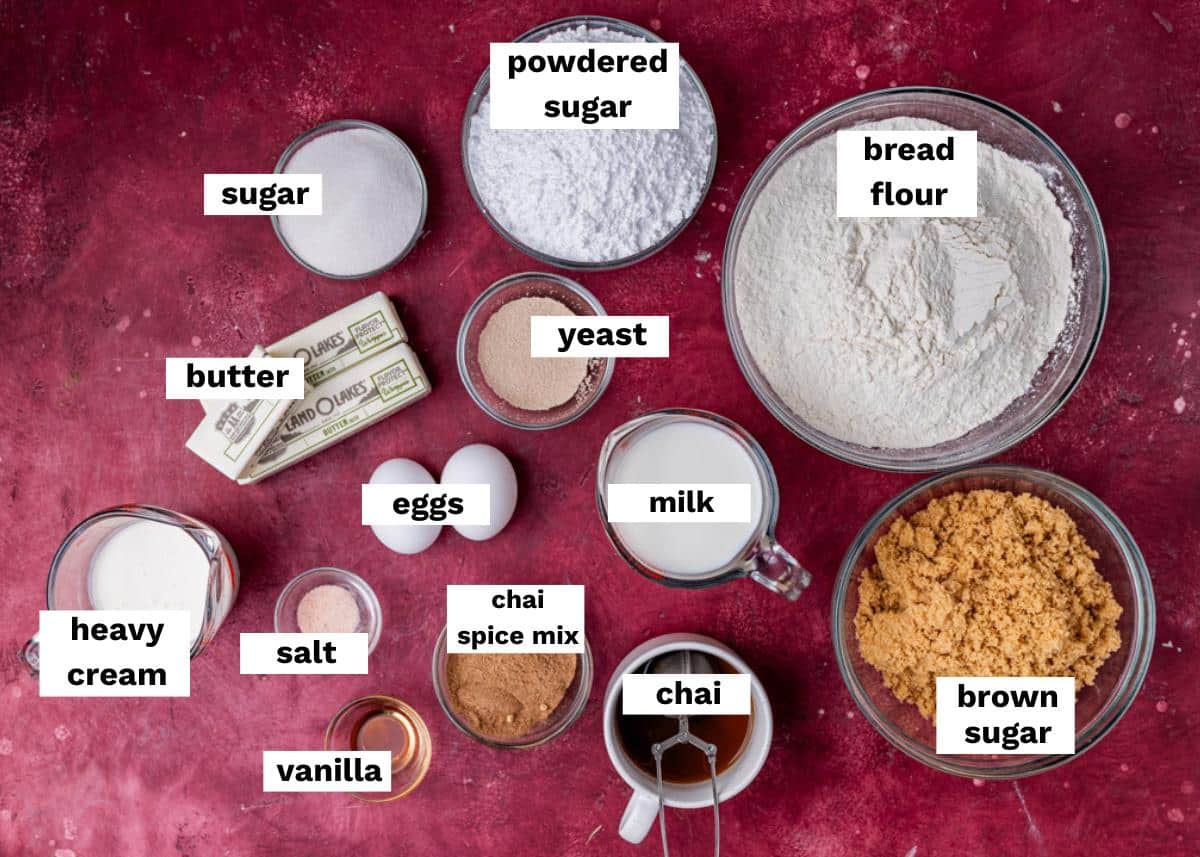 ingredients for chai spice cinnamon rolls on a table