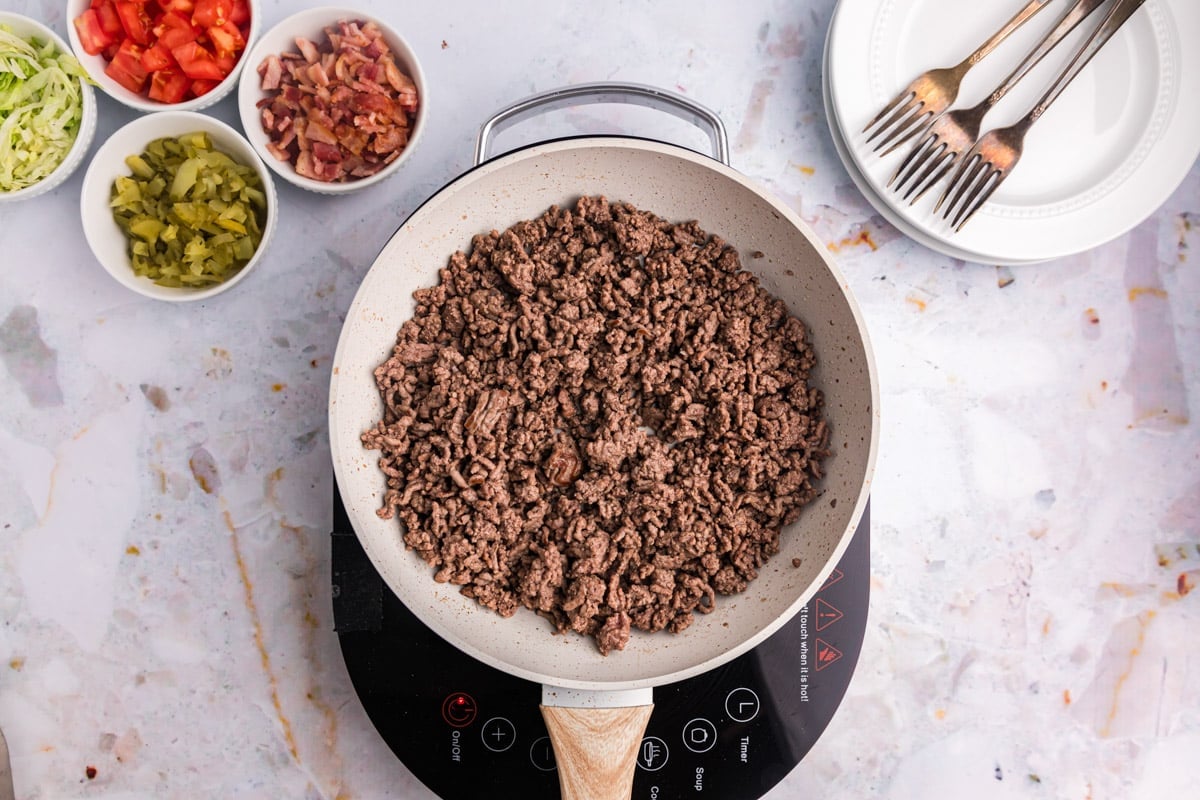 ground beef browned in a skillet