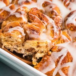 closeup of cinnamon roll casserole bake