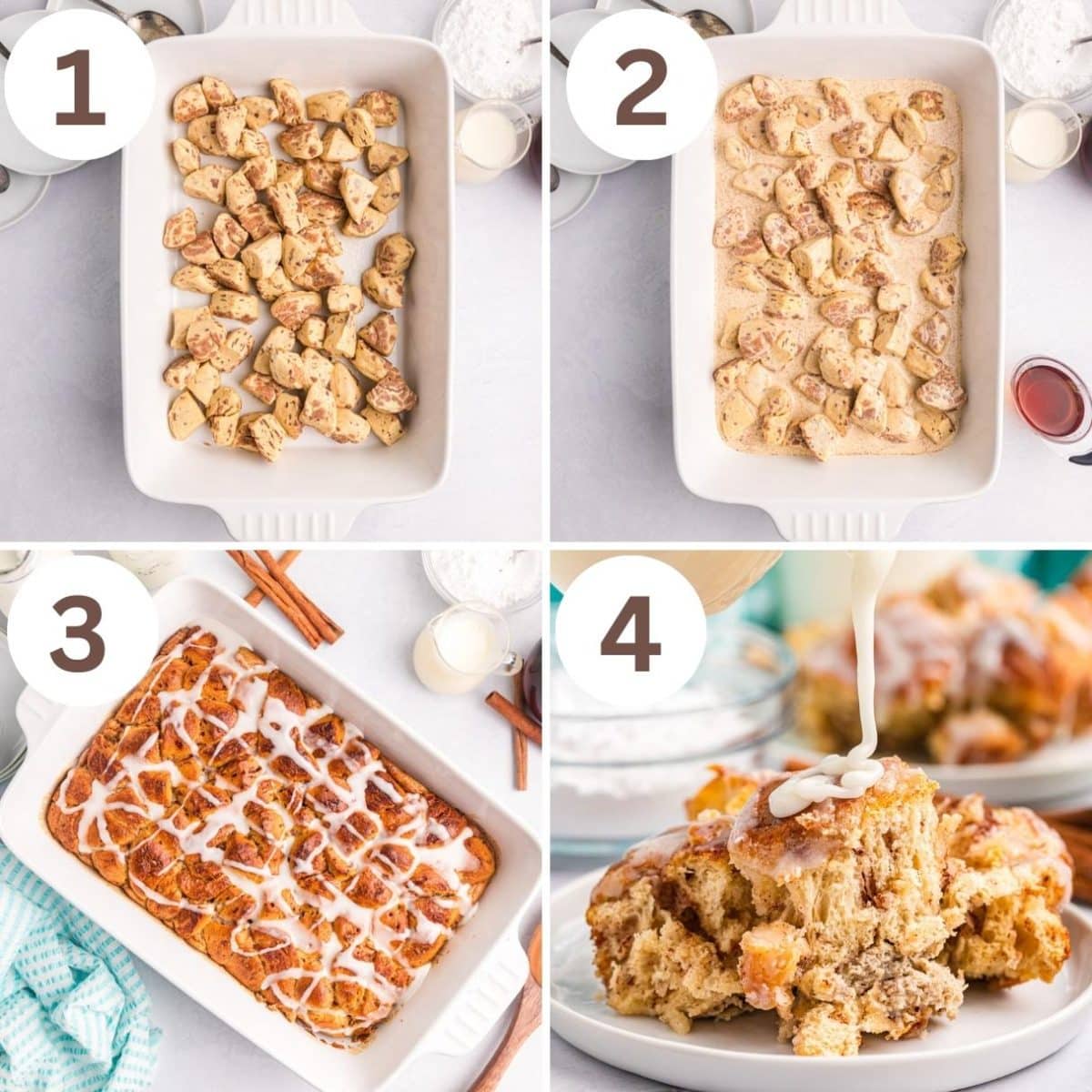 collage of how to make cinnamon roll casserole in 4 steps