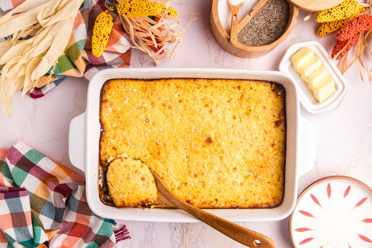 overhead view of corn pudding casserole