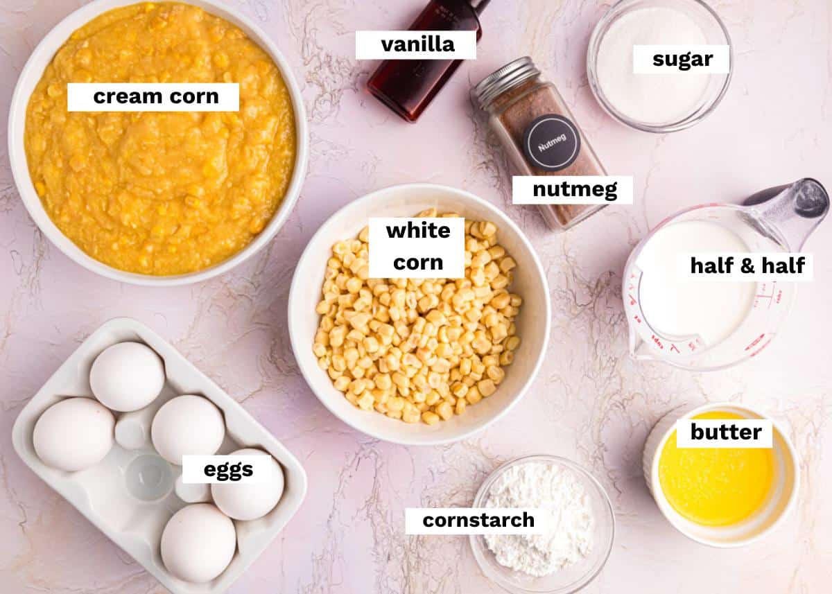 ingredients for corn pudding on a table