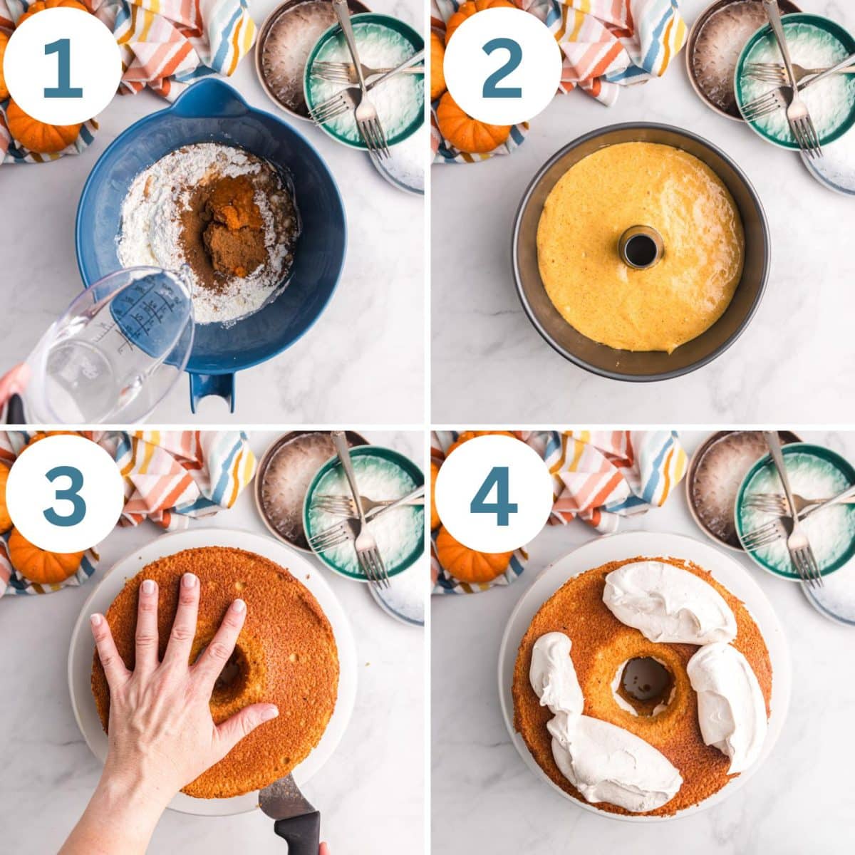 collage of how to make pumpkin angel food cake