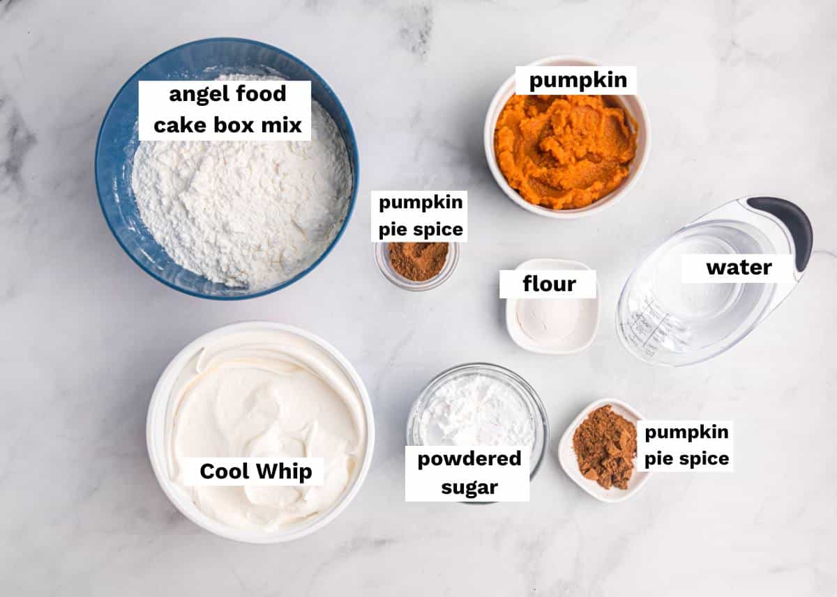 ingredients for pumpkin angel food cake on a table