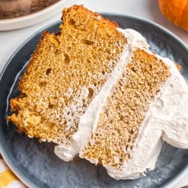 overhead view of a piece of two layer pumpkin angel food cake