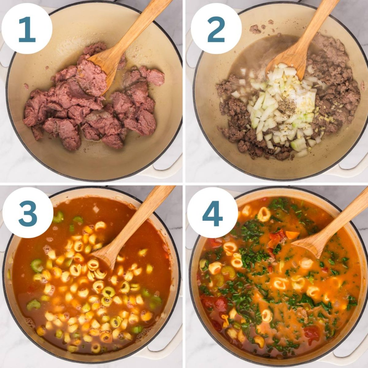 collage of how to make sausage tortellini soup
