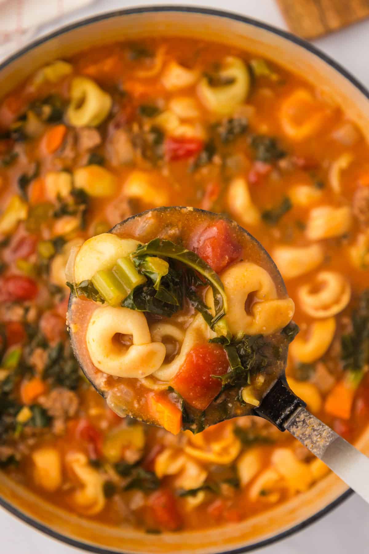 a pot of sausage tortellini soup