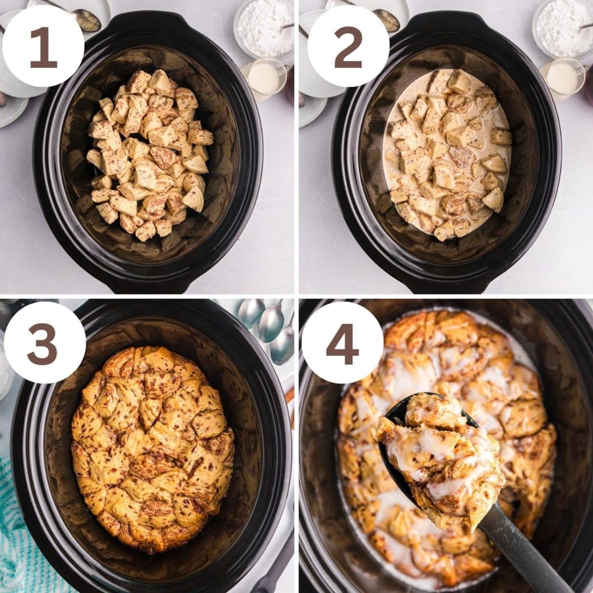 4 steps on how to make slow cooker cinnamon roll casserole