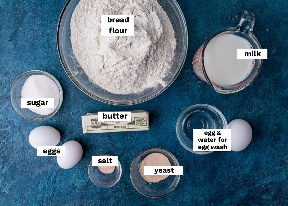 ingredients for homemade dinner rolls on a table