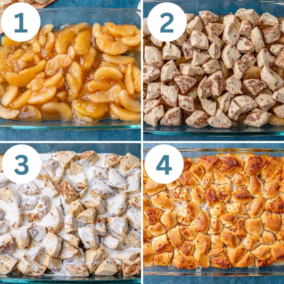 collage of how to make cinnamon rolls and apple pie filling