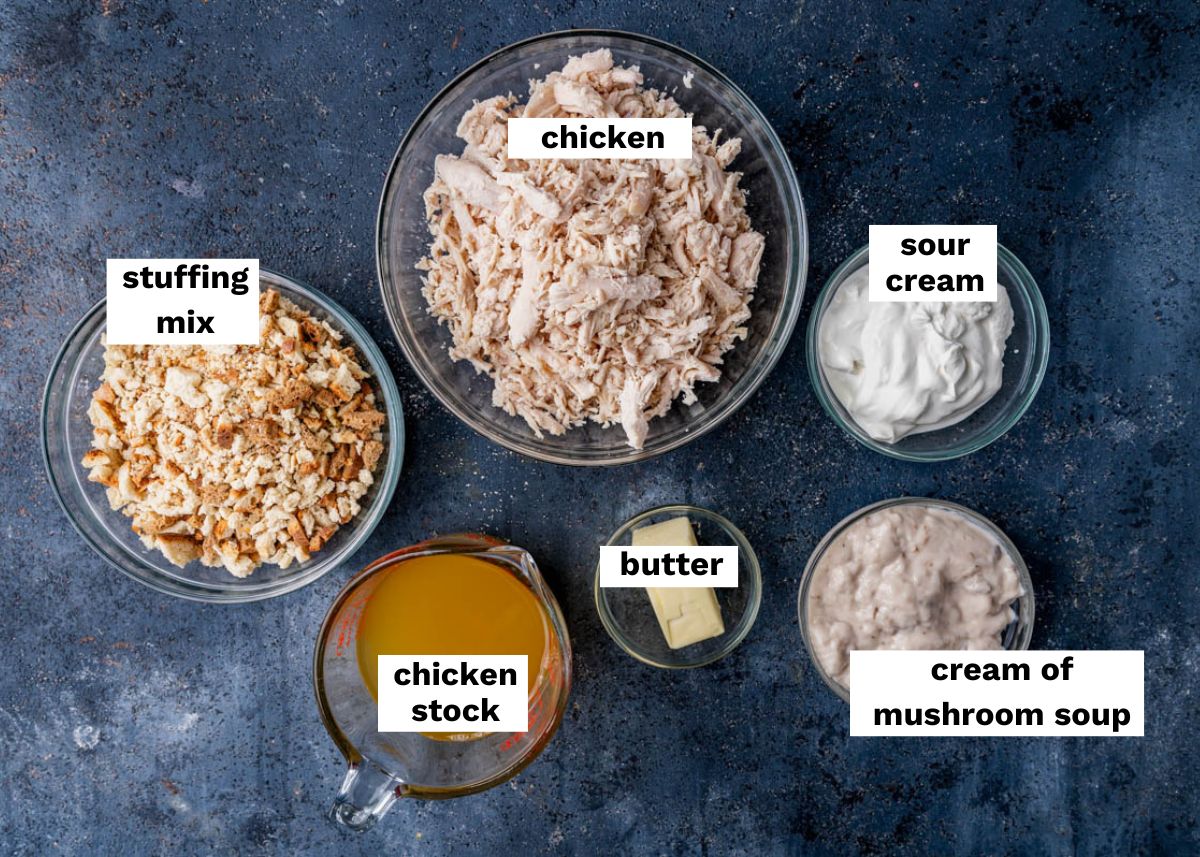 ingredients for chicken and stuffing casserole on a table