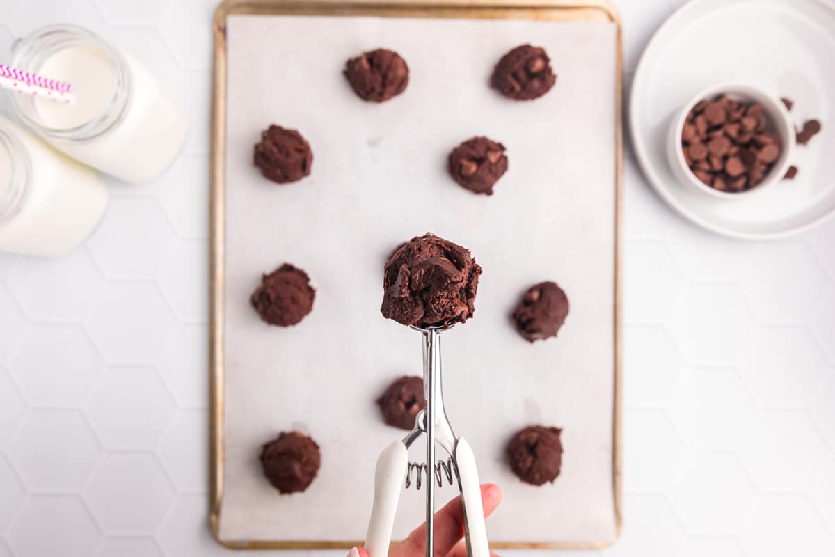 chocolate cookie dough on a cookie scoop
