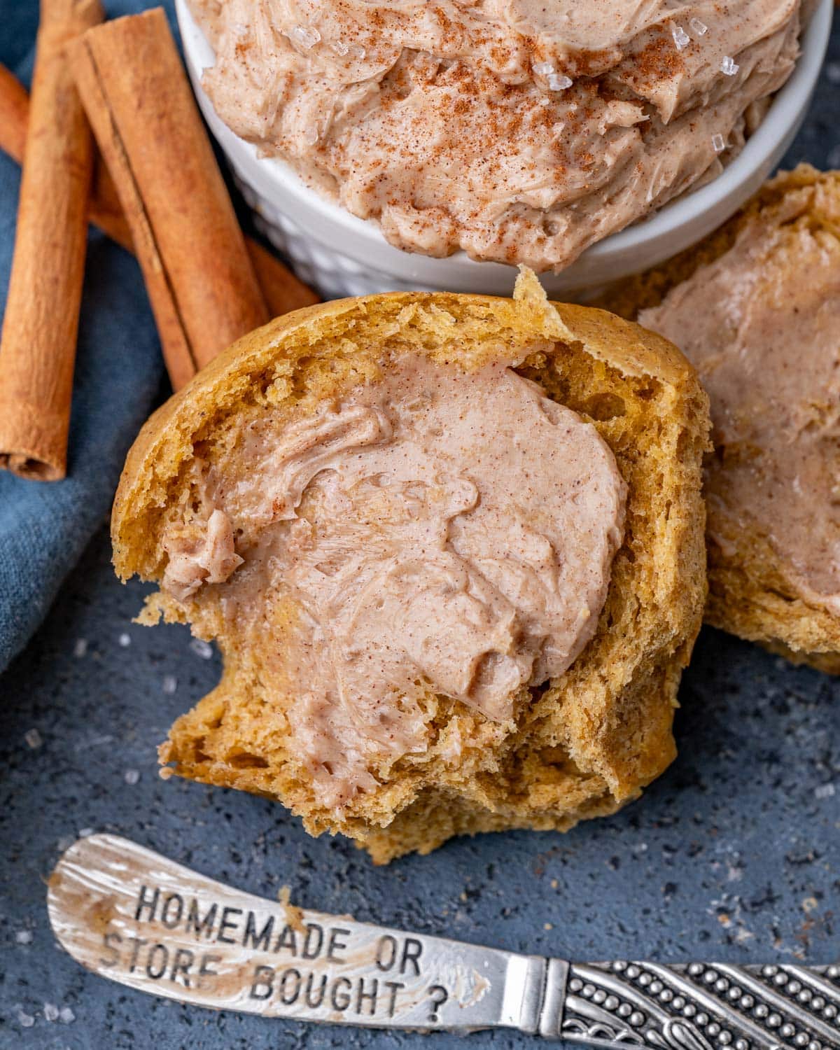 cinnamon butter spread on a pumpkin roll