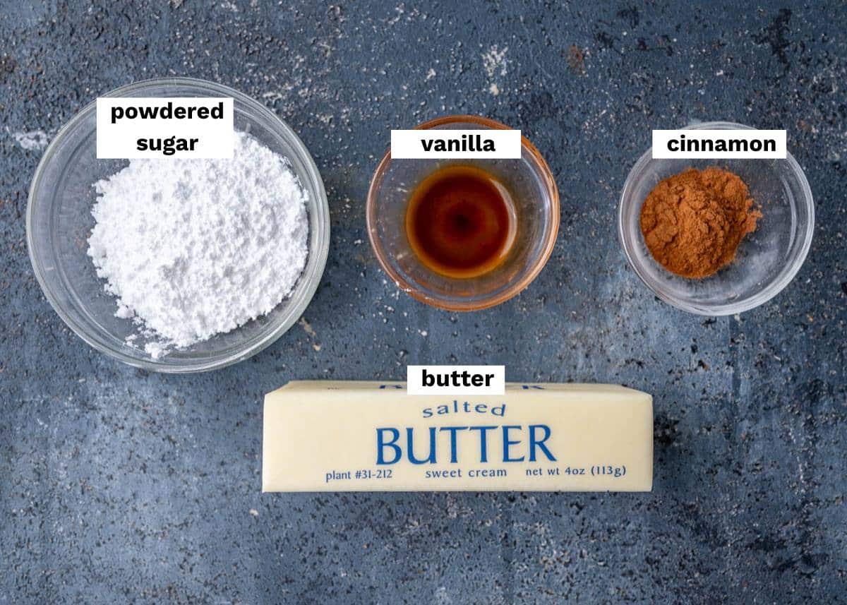 ingredients for cinnamon sugar butter on a table