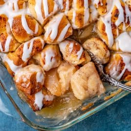 closeup of cinnamon rolls and apple pie filling