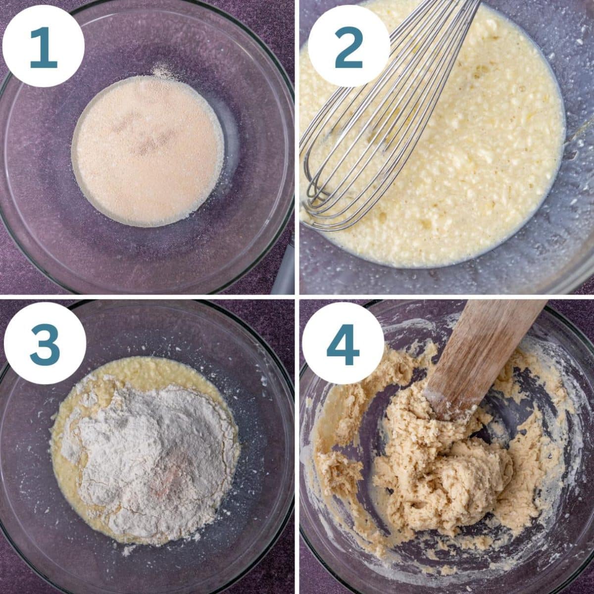 collage of how to make sticky bun dough