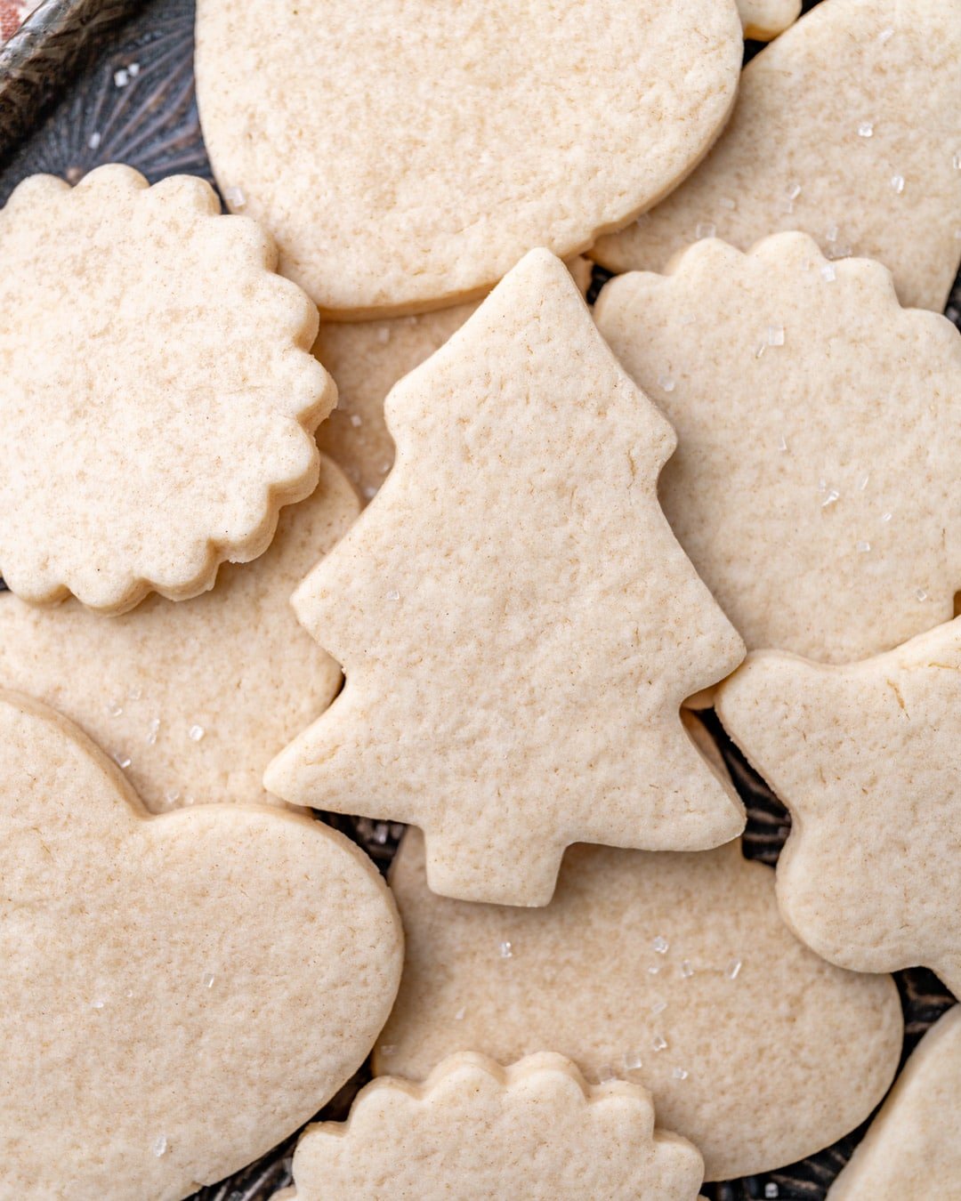 overhead view of christmas cut out cookies without frosting