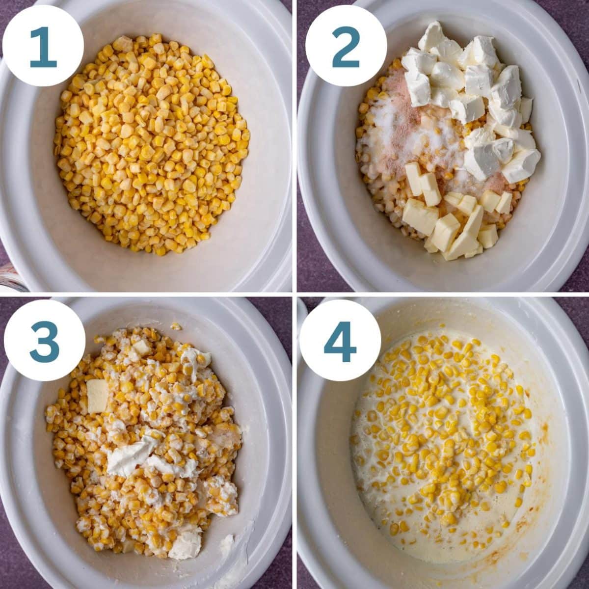 collage of how to make creamed corn in a slow cooker