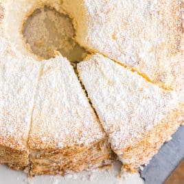 overhead view of angel food cake with powdered sugar dusted on top