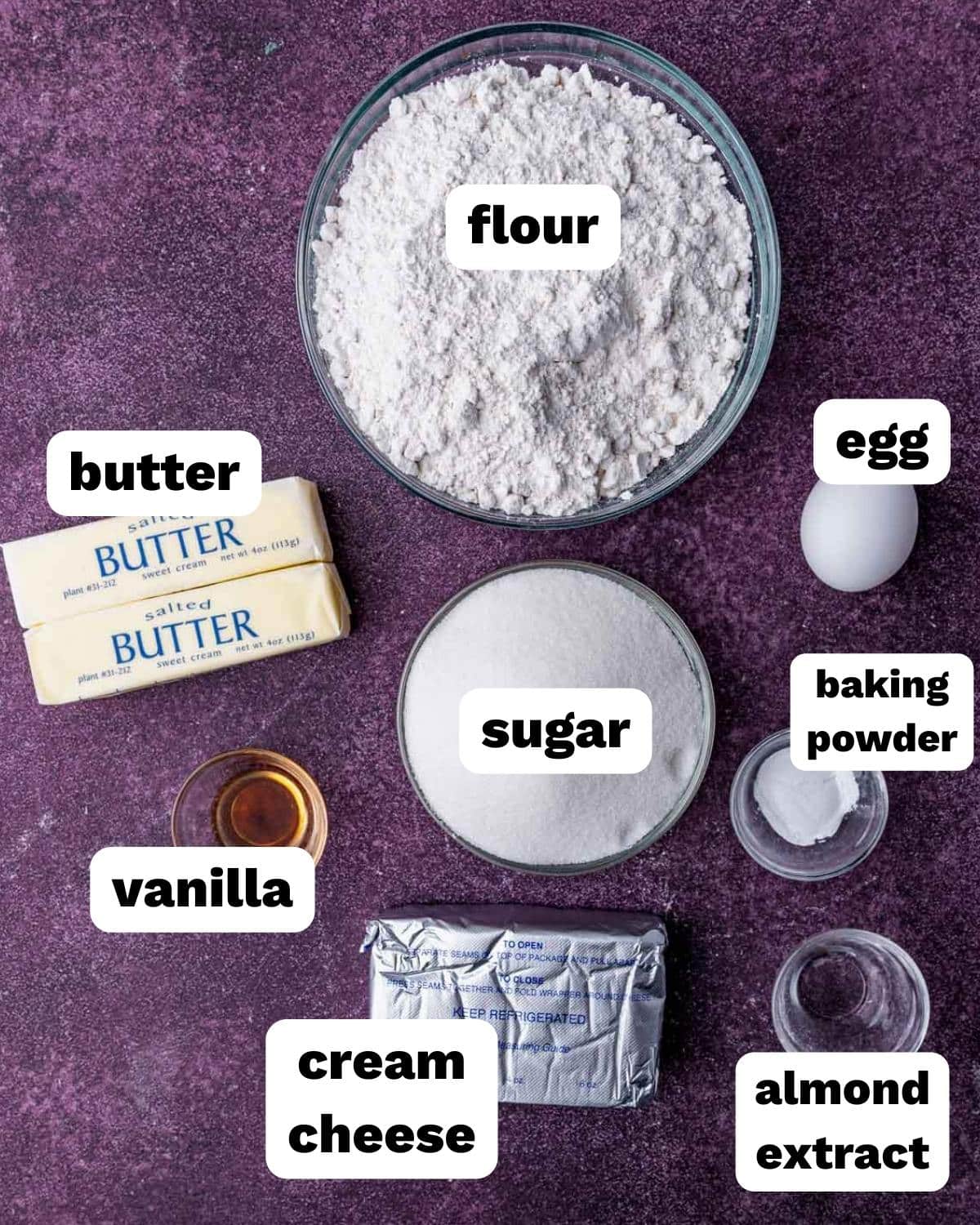 ingredients for cream cheese sugar cookies on a table