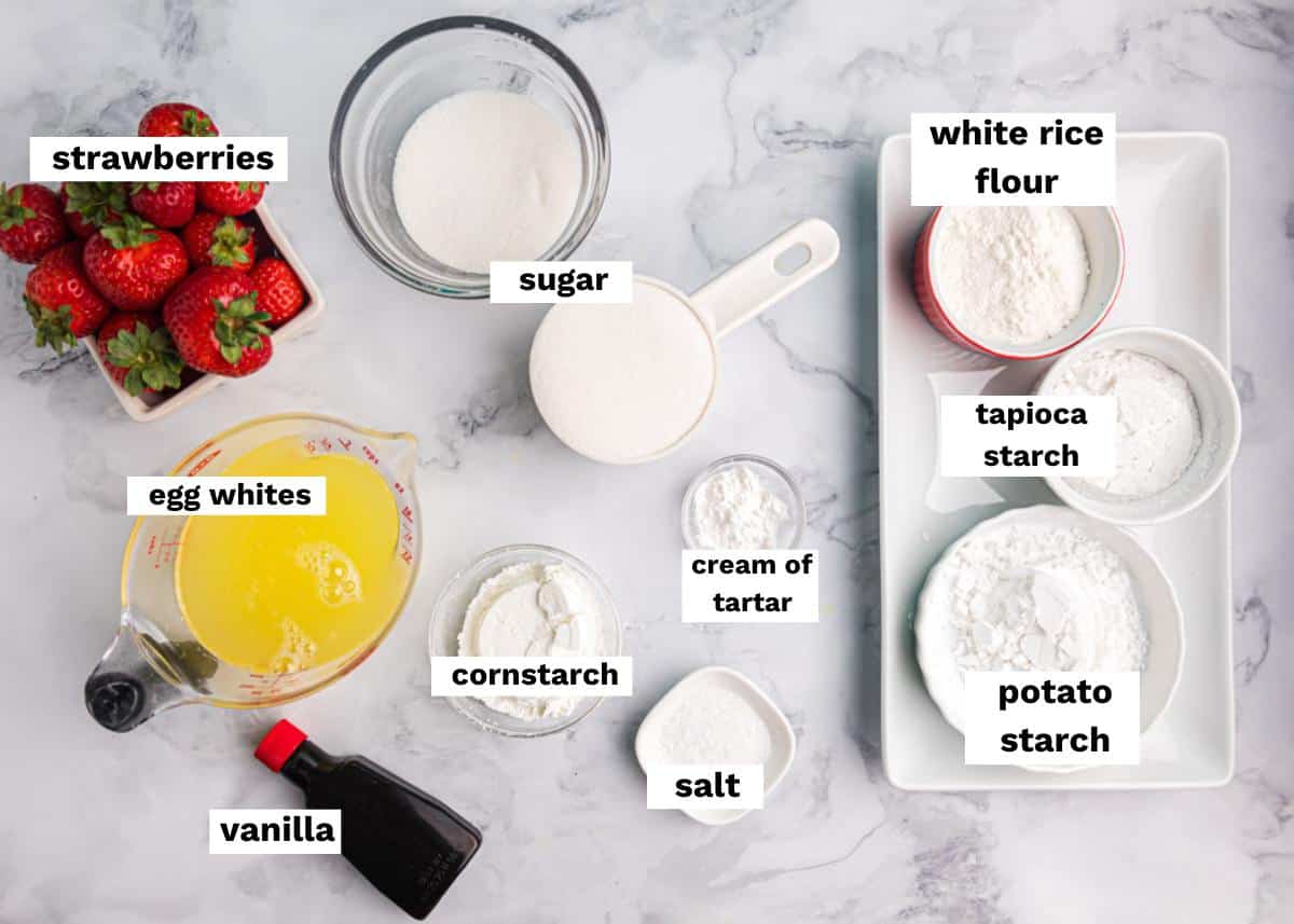 ingredients for gluten free angel food cake on a table