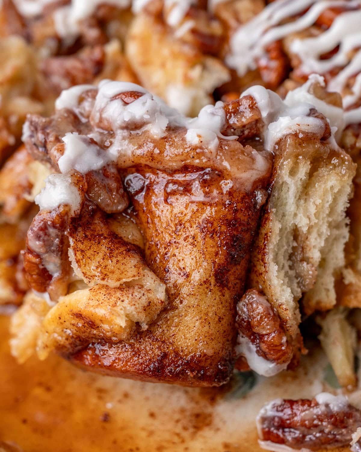 closeup of gooey center of sticky buns