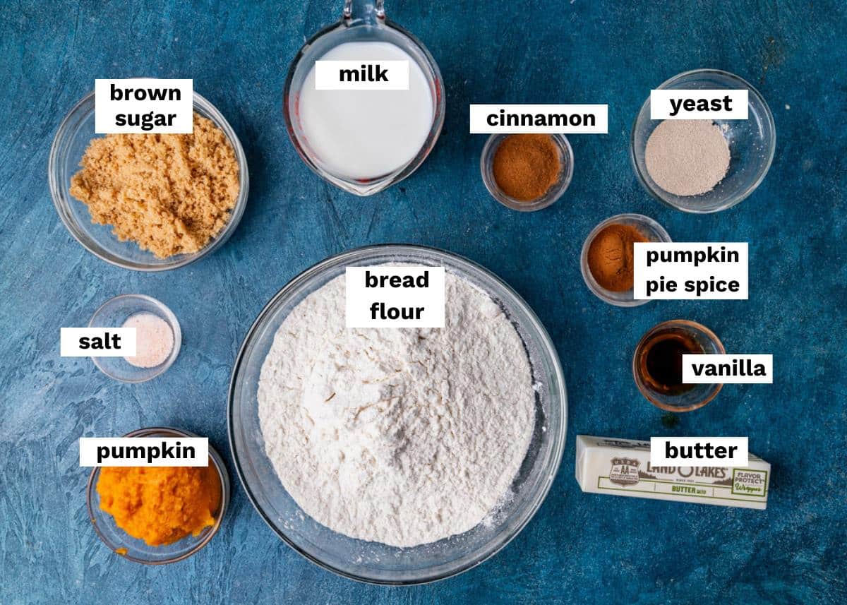 ingredients for pumpkin dinner rolls on a table