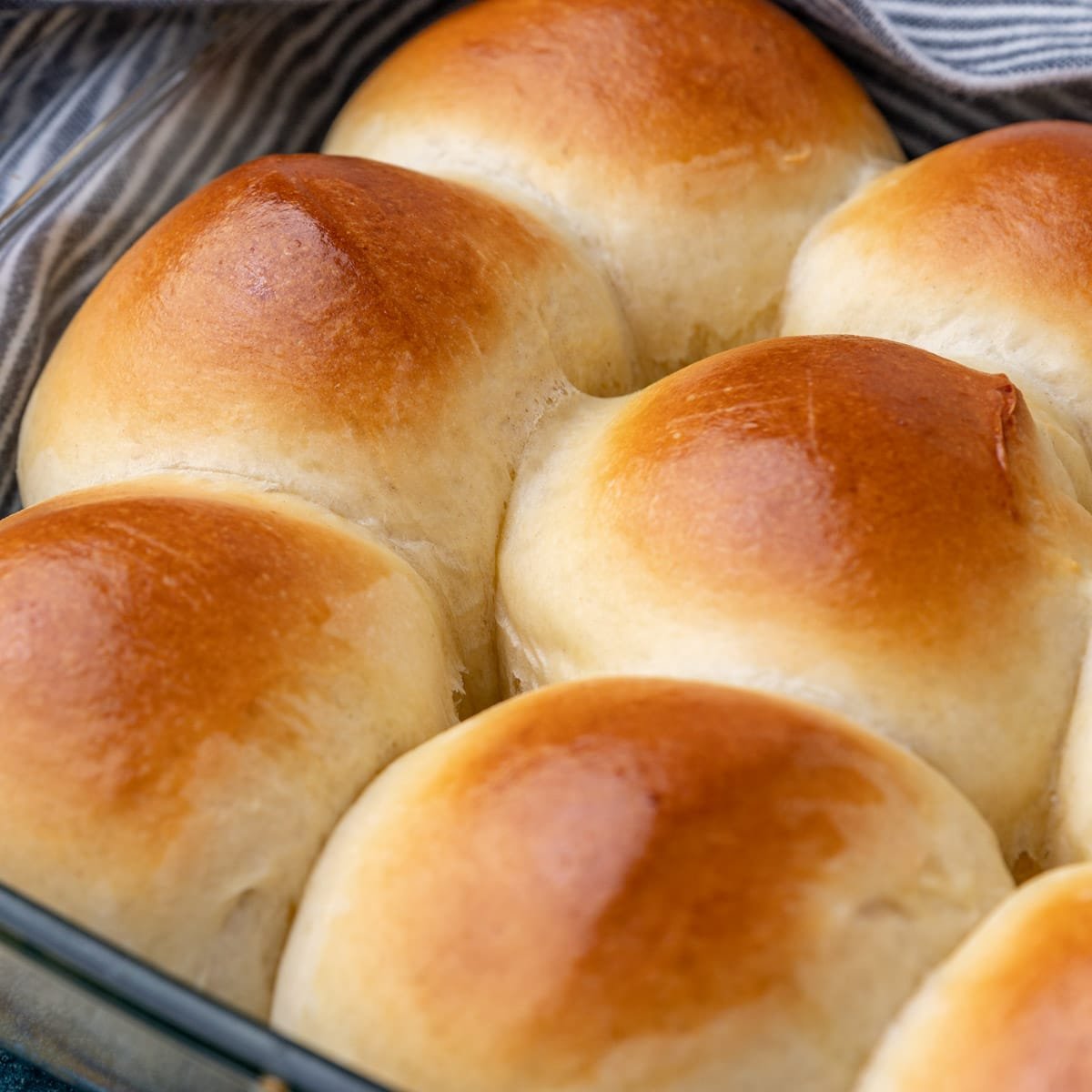 overhead view of golden brown homemade dinner rolls