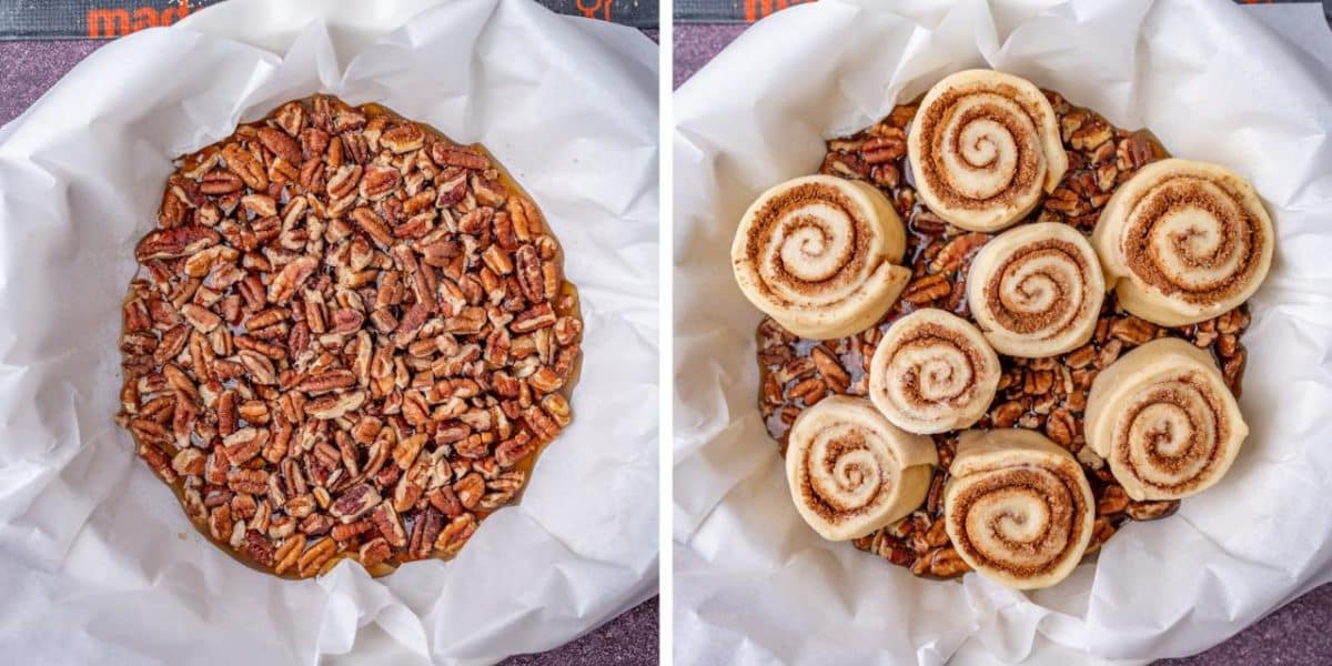 collage of how to arrange sticky buns in pan