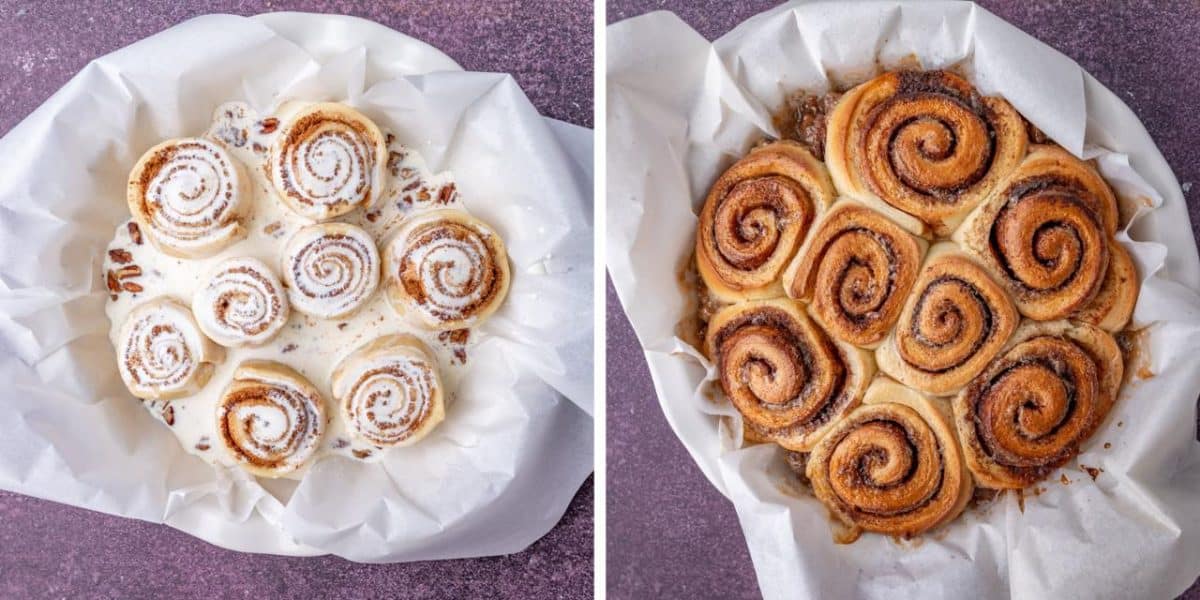 collage of baked and unbaked sticky buns