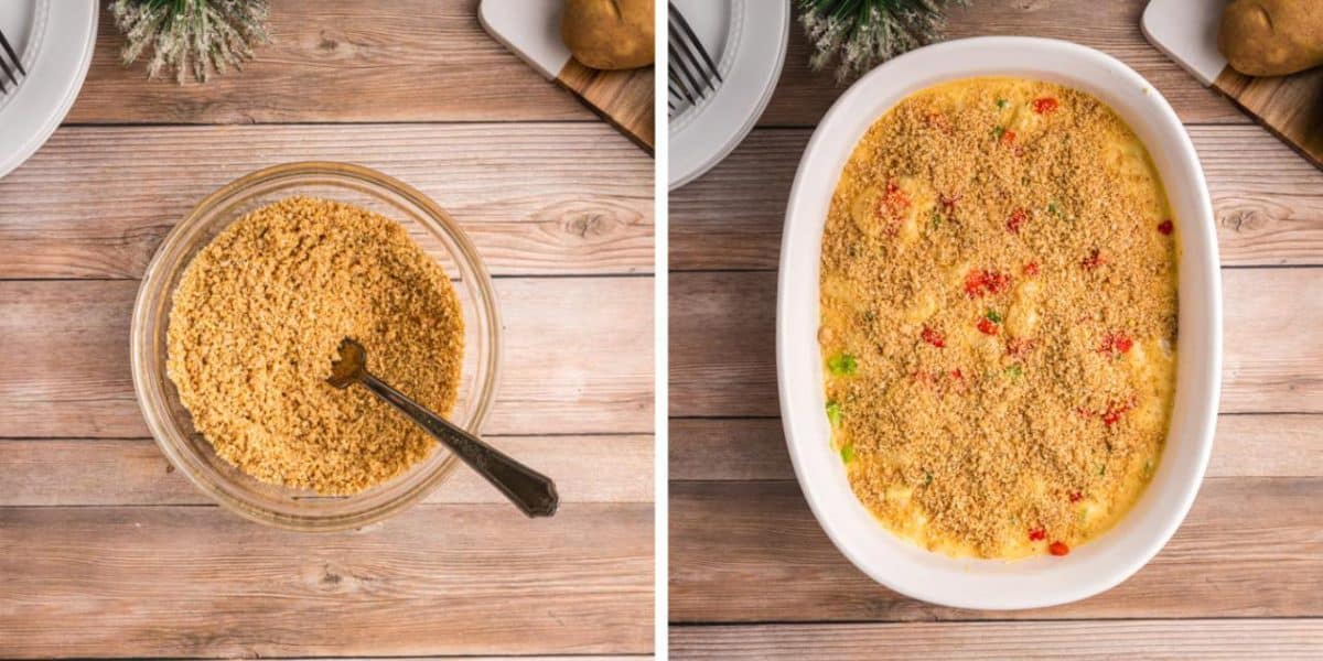 collage of buttered bread crumbs in a bowl and over cheesy potatoes