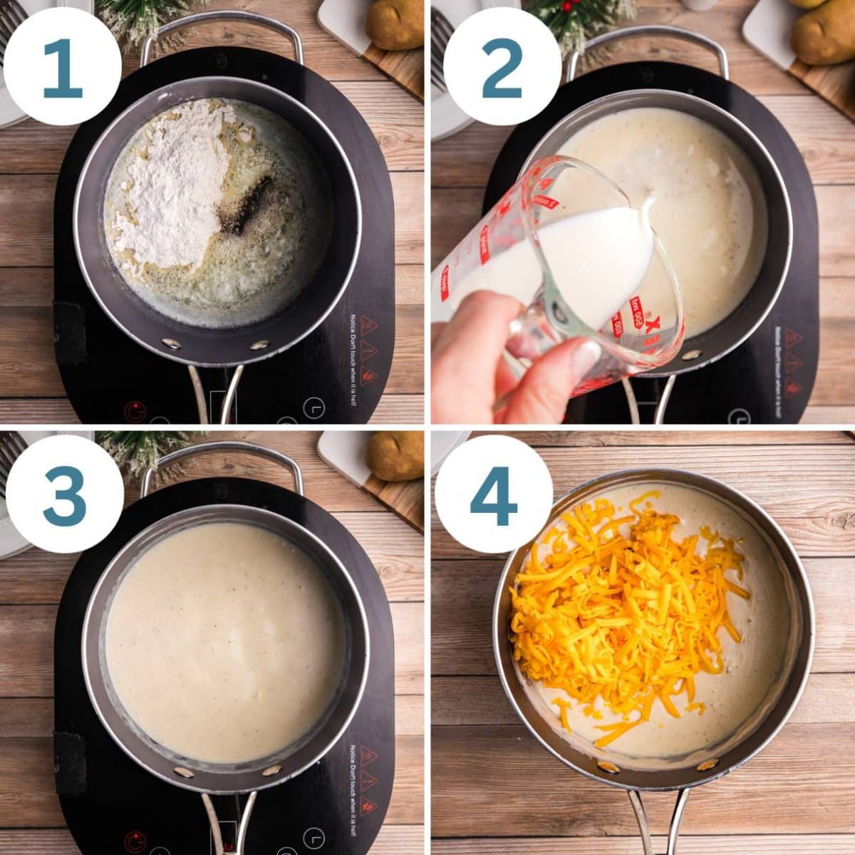 collage of how to make cheese sauce for potatoes
