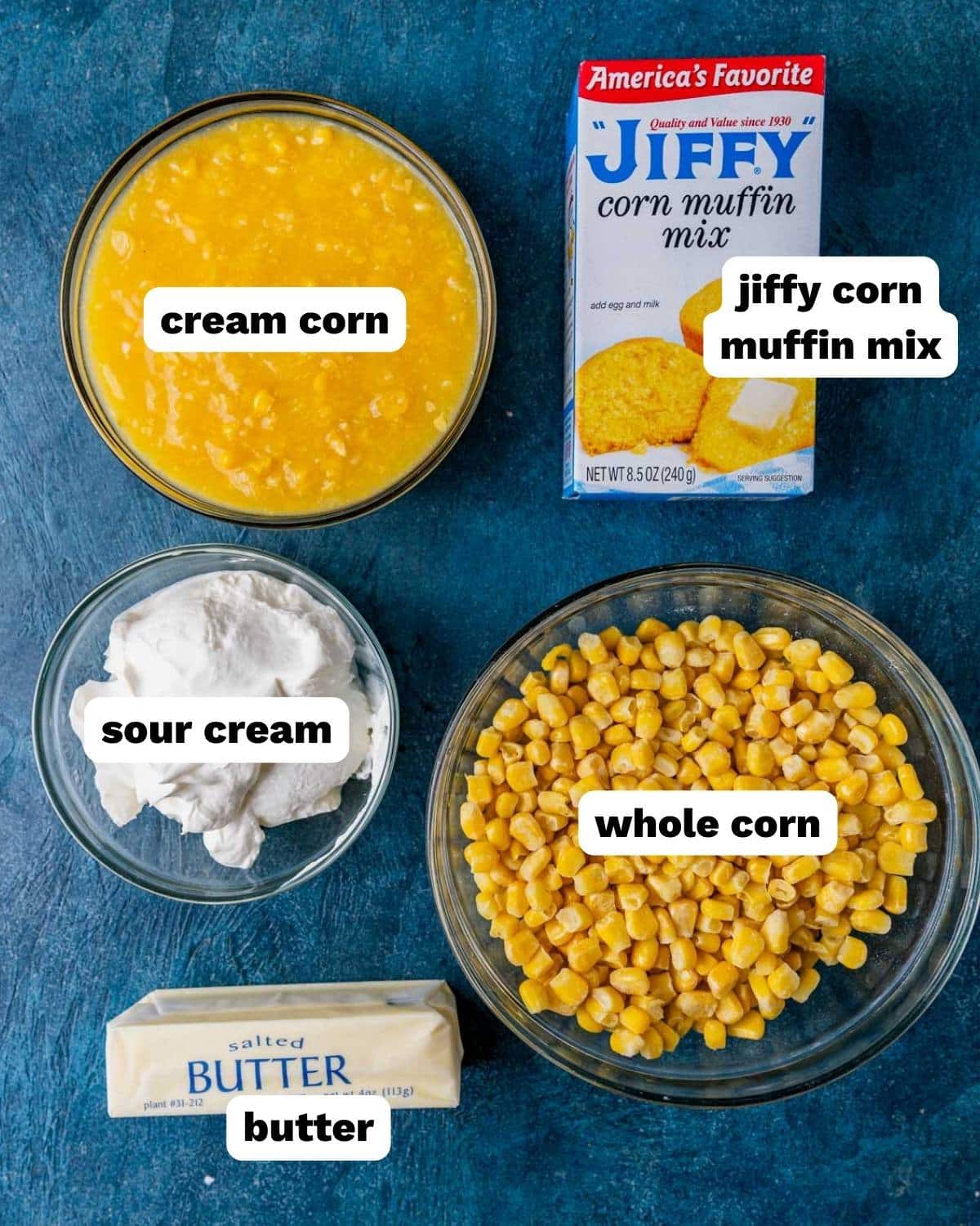 ingredients for jiffy corn casserole on a table