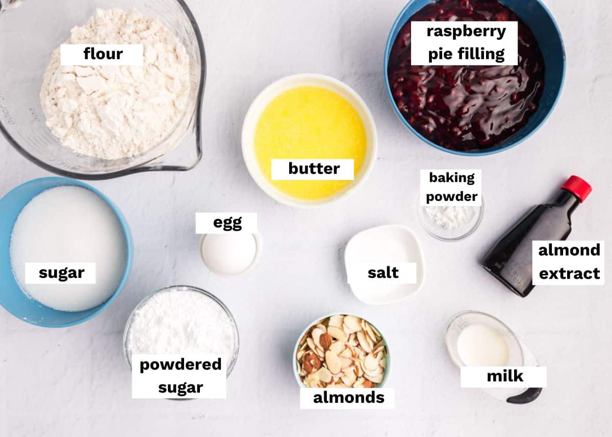 ingredients for raspberry crumble bars on a table