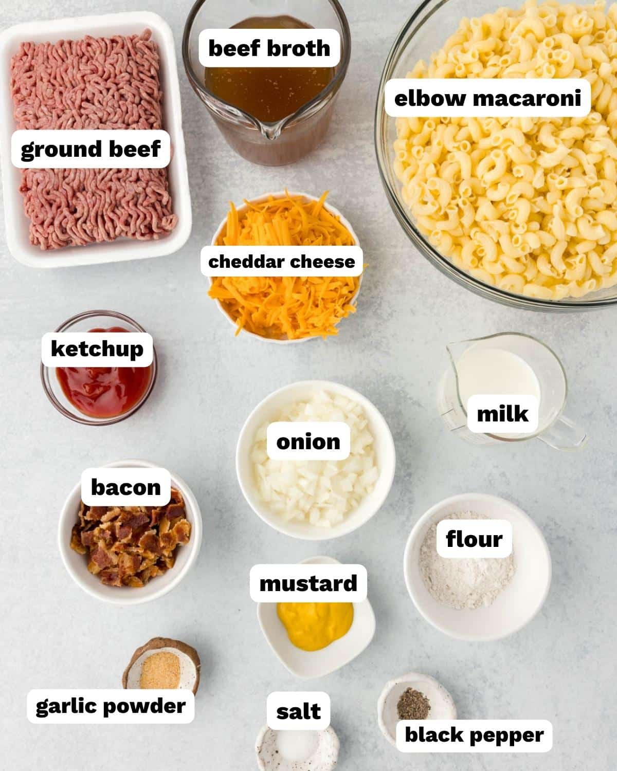 ingredients for bacon cheeseburger casserole on a table